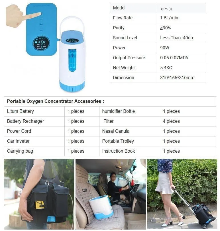 1-5L/Min 24hours continuous Portable Oxygen Concentrator With Battery With Trolley for Home Car Power Use