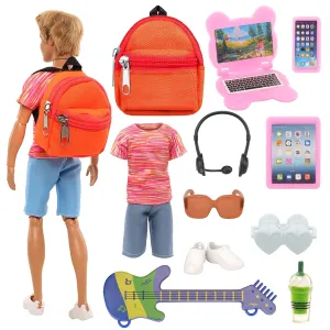 11 Pcs Doll Travel Playset For Boy Doll 1 Outfit 1 Backpack 1 Guitar 1 Lapt