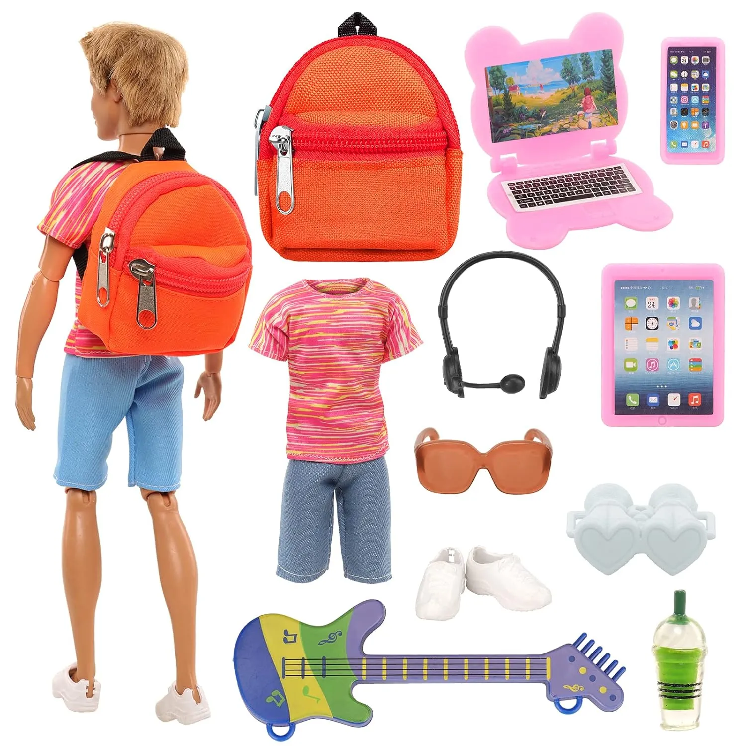 11 Pcs Doll Travel Playset For Boy Doll 1 Outfit 1 Backpack 1 Guitar 1 Lapt