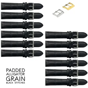 12PCS Alligator Grain Black Leather Watch Band (12MM-30MM   XXL Sizes) Padded w/Black Stitches