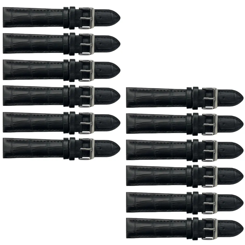 12PCS Alligator Grain Black Leather Watch Band (12MM-30MM   XXL Sizes) Padded w/Black Stitches
