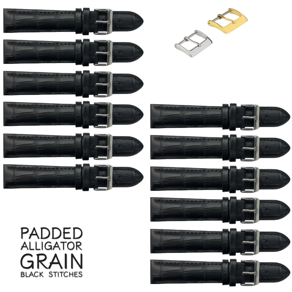 12PCS Alligator Grain Black Leather Watch Band (12MM-30MM   XXL Sizes) Padded w/Black Stitches