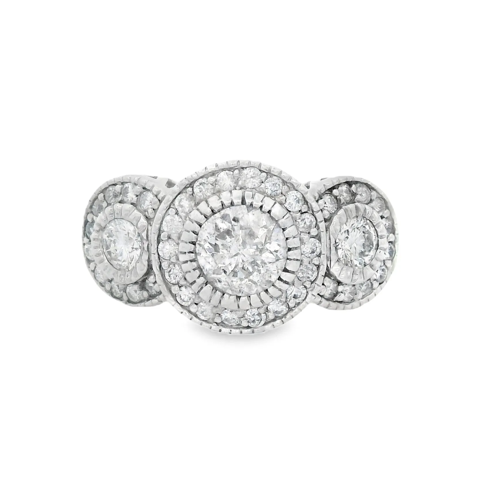 14K White Gold 1.50ct. Diamond Three- Stone Halo Fashion Ring