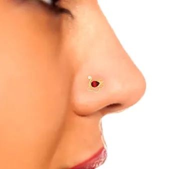 14KT Swan Shaped Stud Gold Nosepin With A Red And Yellow Stone From Online Exclusive Collection