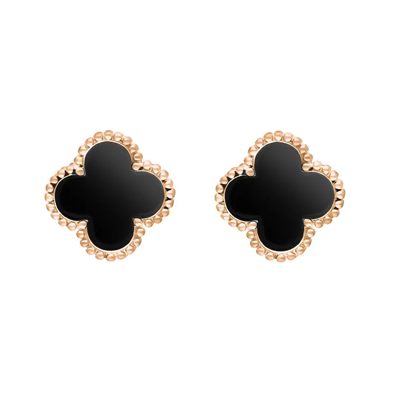 18ct Rose Gold Whitby Jet Bloom Four Leaf Clover Ball Edge Stud Earrings