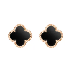 18ct Rose Gold Whitby Jet Bloom Four Leaf Clover Ball Edge Stud Earrings