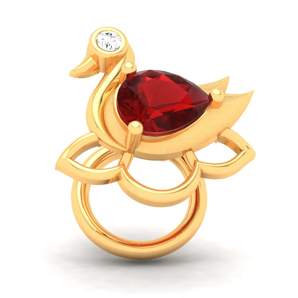 18KT Swan Shaped Stud Gold Nosepin With A Red And Yellow Stone From P.c Chandra Jewellers