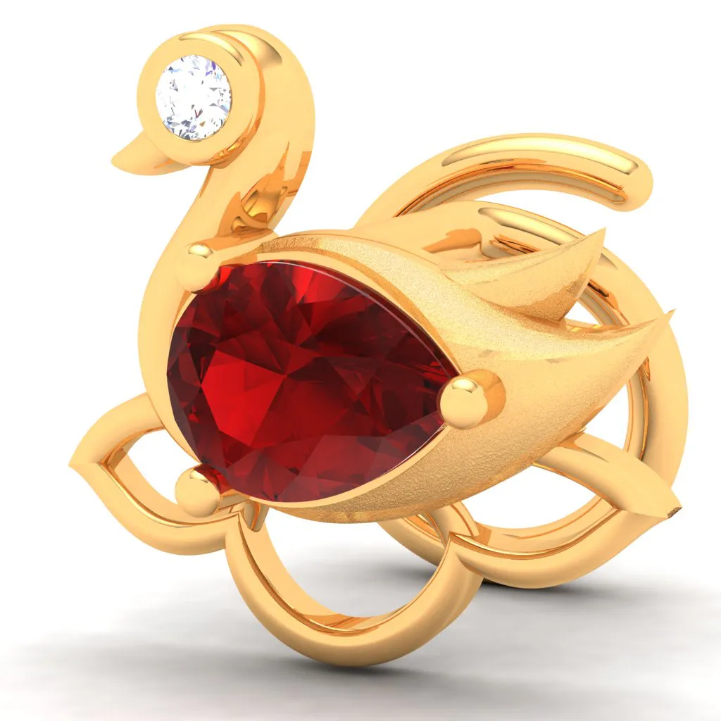 18KT Swan Shaped Stud Gold Nosepin With A Red And Yellow Stone From P.c Chandra Jewellers