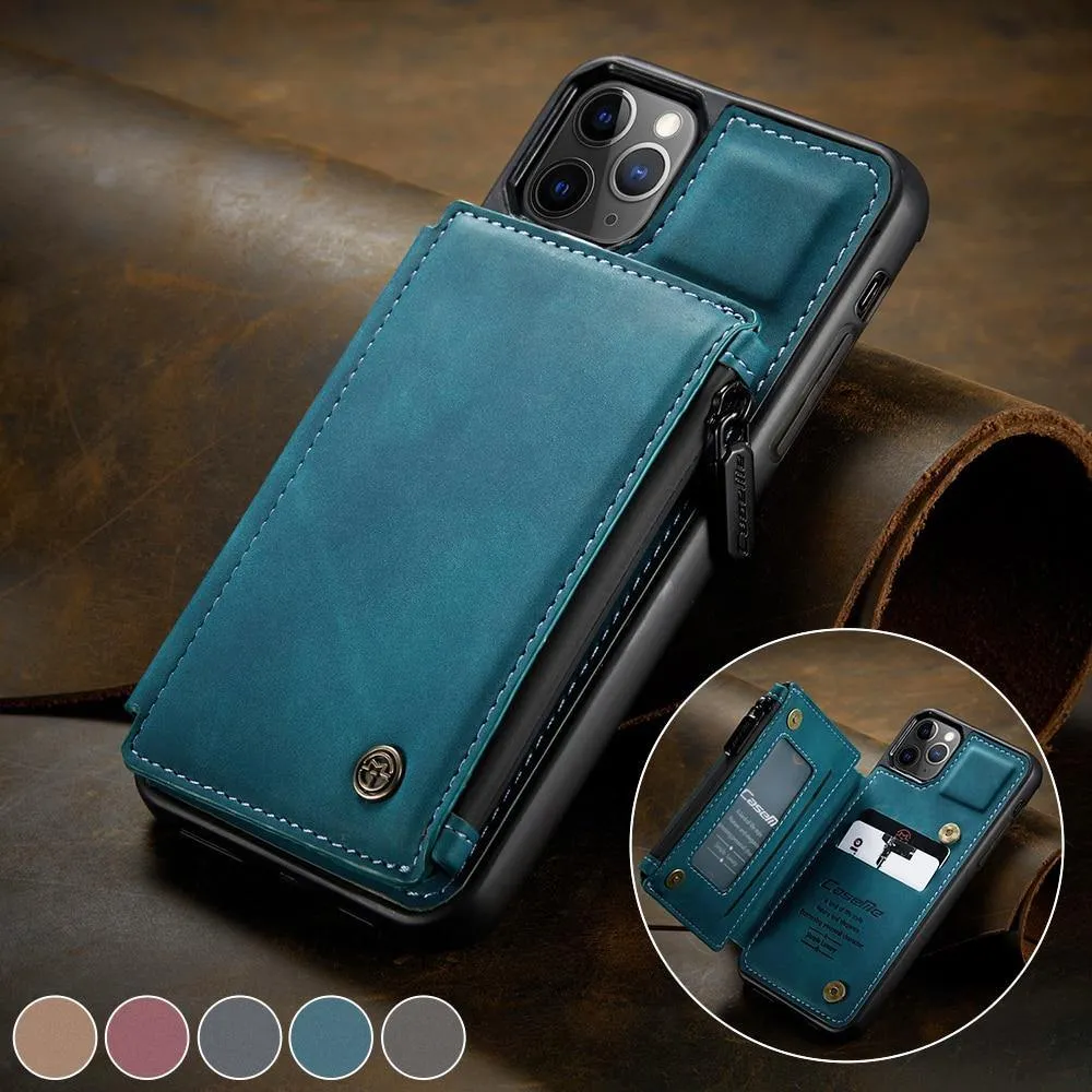 2-in-1 Wallet Case Magnetic Flip TPU Leather Card Holder Hidden Slot Stand Designed Waterproof Zipper