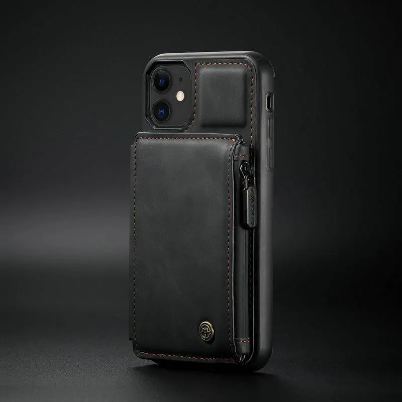 2-in-1 Wallet Case Magnetic Flip TPU Leather Card Holder Hidden Slot Stand Designed Waterproof Zipper