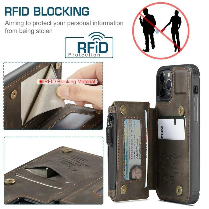2-in-1 Wallet Case Magnetic Flip TPU Leather Card Holder Hidden Slot Stand Designed Waterproof Zipper