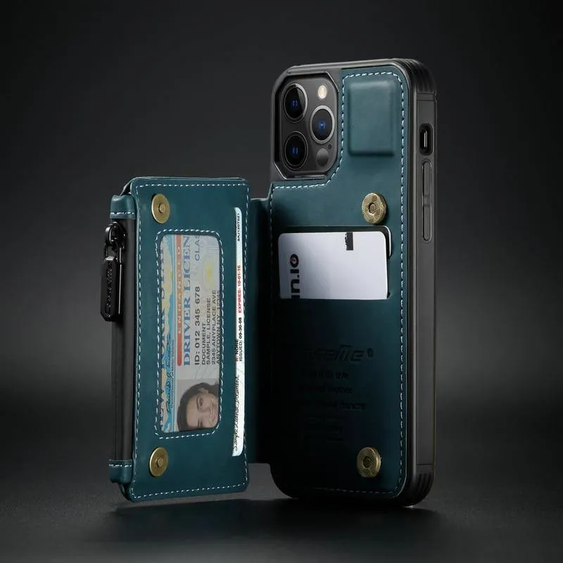 2-in-1 Wallet Case Magnetic Flip TPU Leather Card Holder Hidden Slot Stand Designed Waterproof Zipper