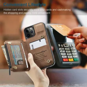 2-in-1 Wallet Case Magnetic Flip TPU Leather Card Holder Hidden Slot Stand Designed Waterproof Zipper