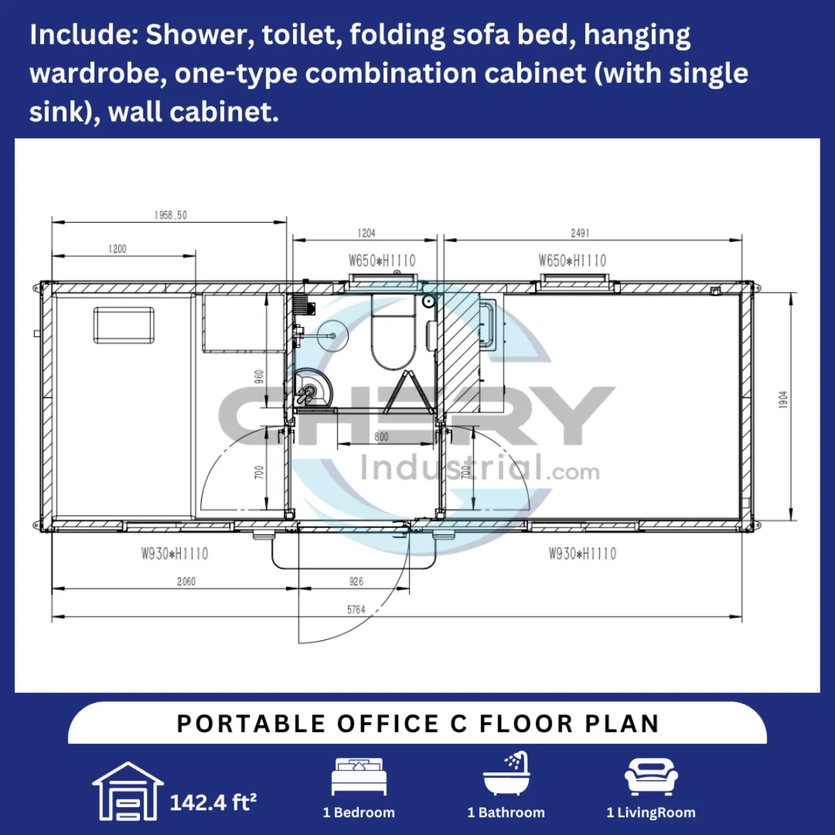 20x7 ft Modern Portable Office with Bedroom