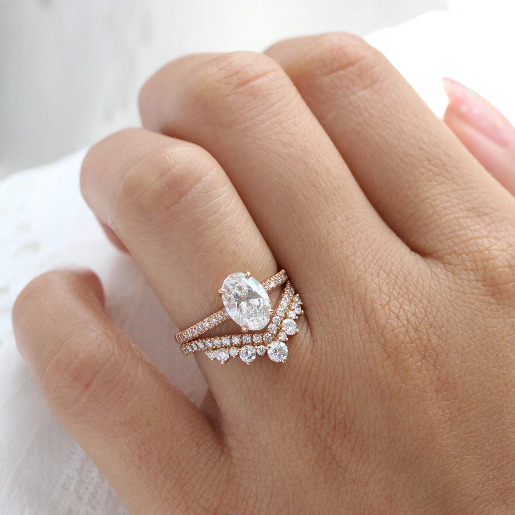 2.30 Ctw Oval Diamond Ring Set w/ Lab Diamond and Large Tiara Wedding Band