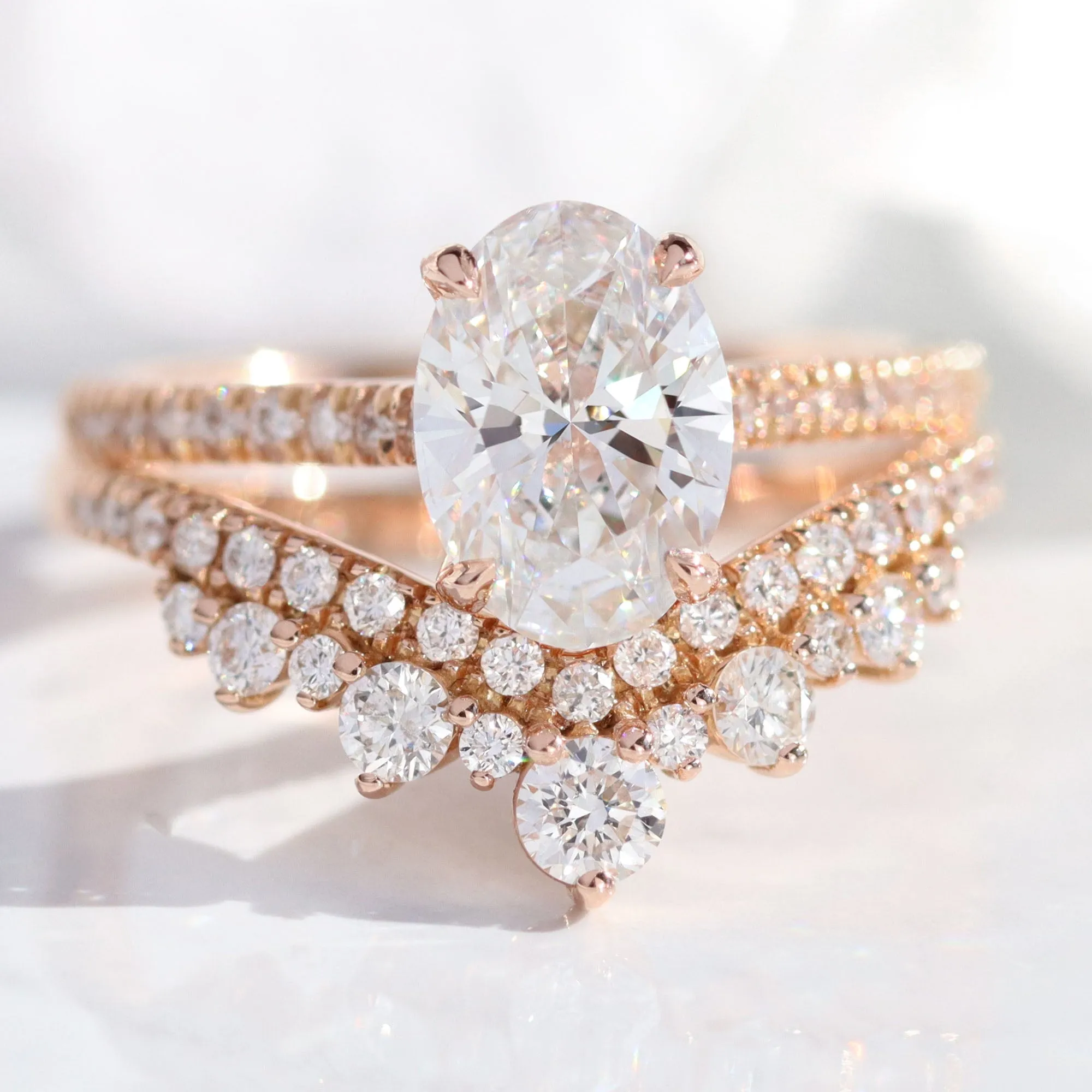 2.30 Ctw Oval Diamond Ring Set w/ Lab Diamond and Large Tiara Wedding Band