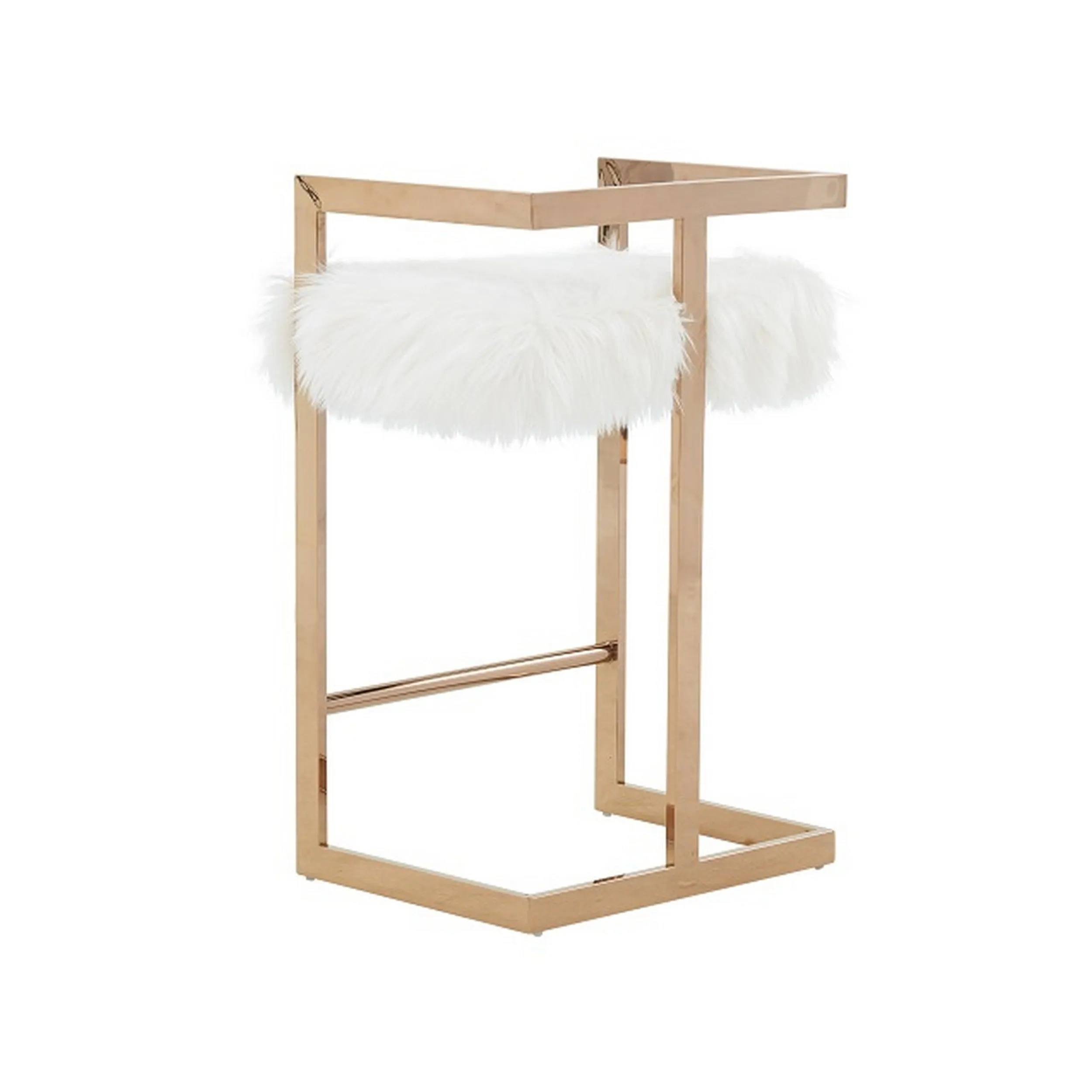 26" Counter Stool, Gold Metal Frame, White Faux Fur Seating By Casagear Home