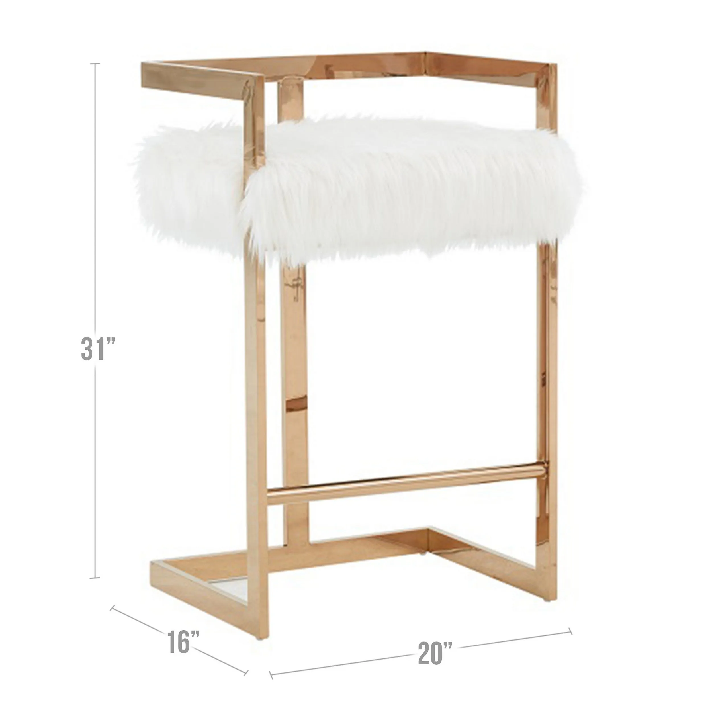 26" Counter Stool, Gold Metal Frame, White Faux Fur Seating By Casagear Home