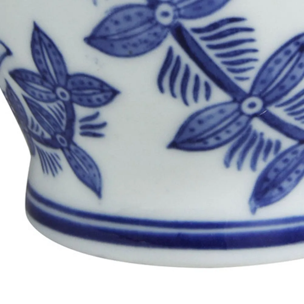 6 Inch Porcelain Jar, Urn Shape, Lid, Floral Design, Blue, White By Casagear Home