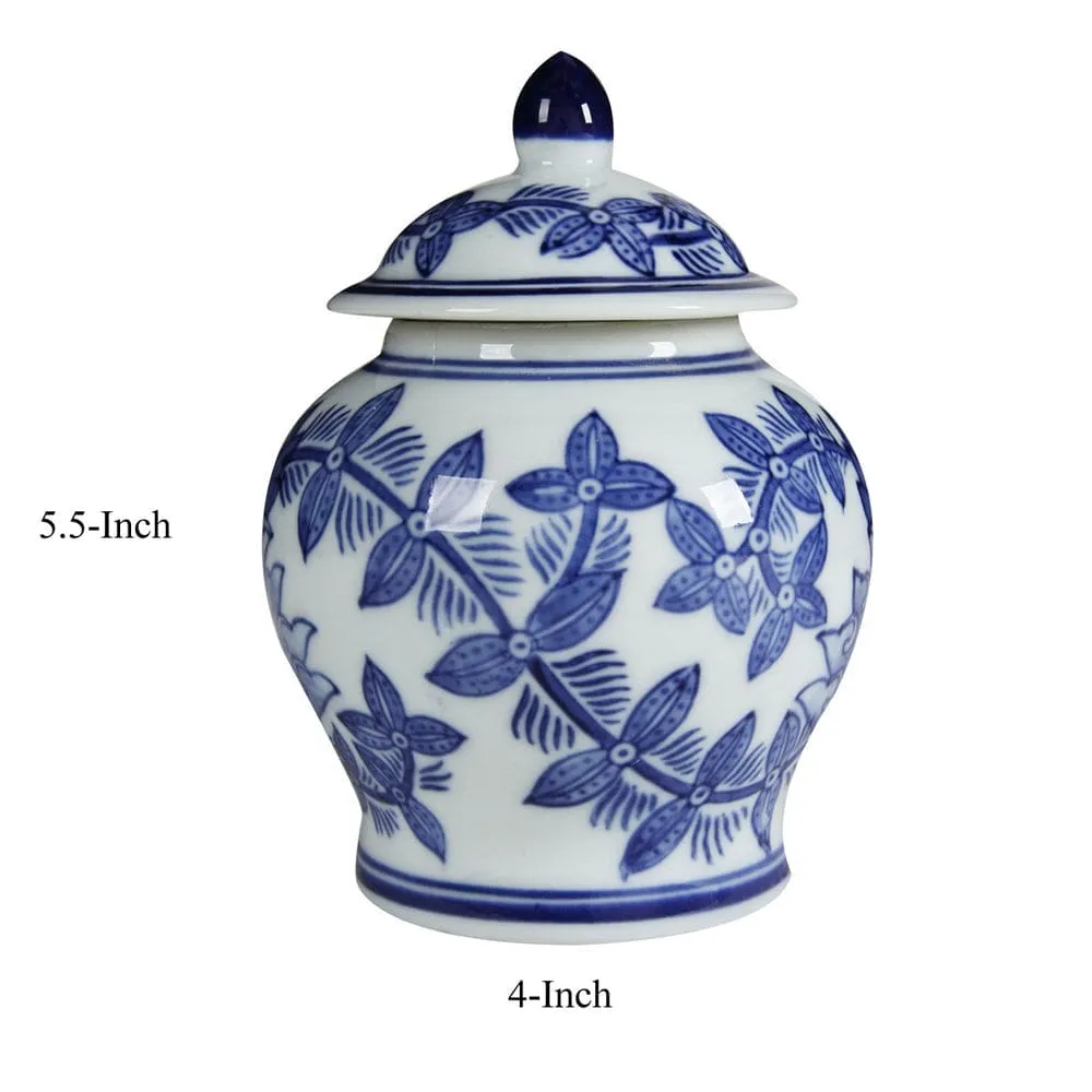6 Inch Porcelain Jar, Urn Shape, Lid, Floral Design, Blue, White By Casagear Home