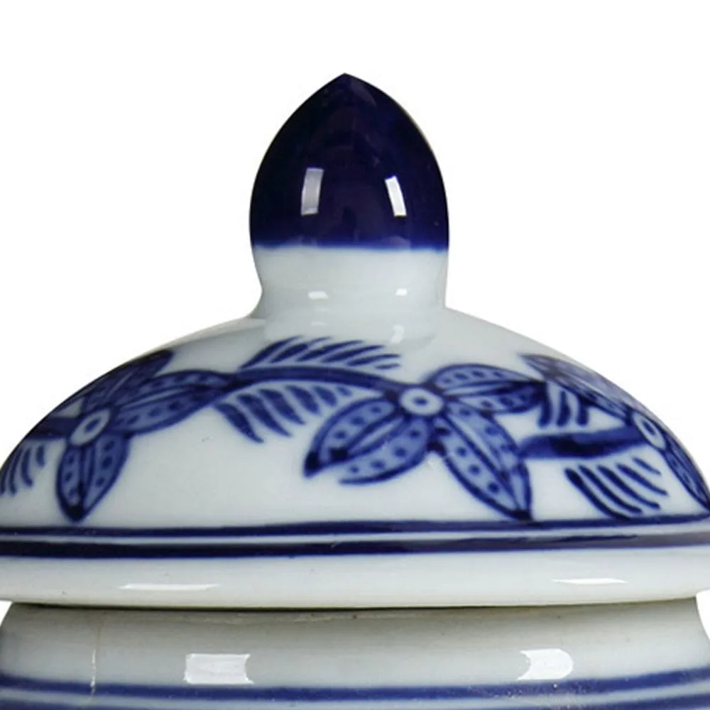 6 Inch Porcelain Jar, Urn Shape, Lid, Floral Design, Blue, White By Casagear Home