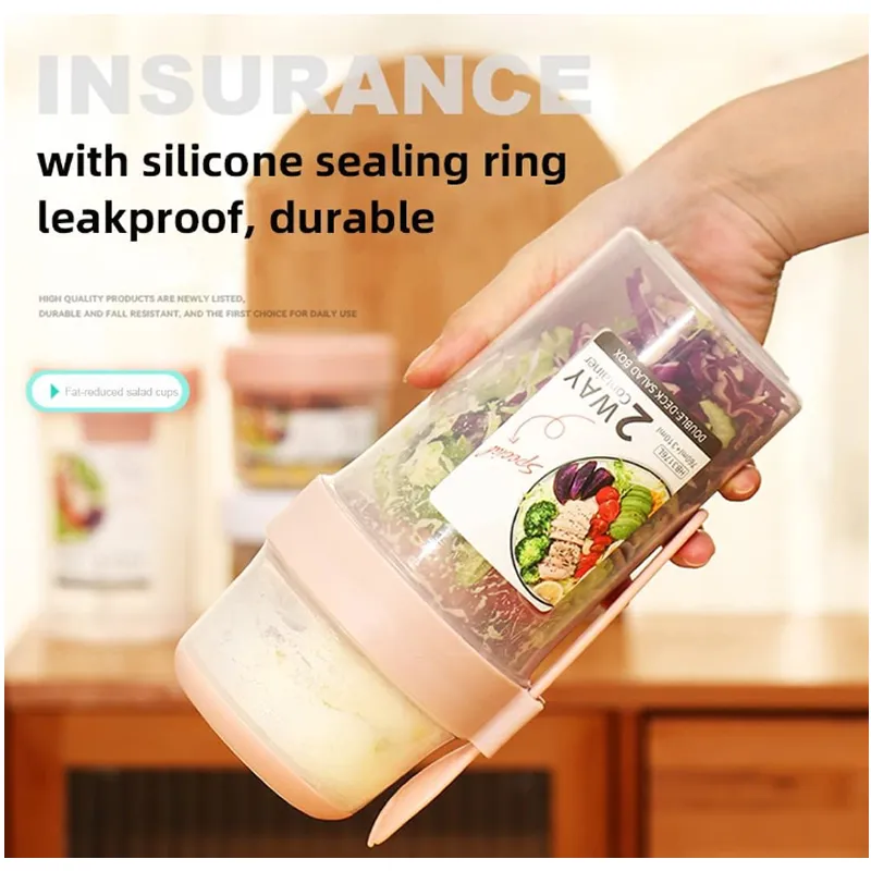760ml   310ml Double Layer Portable Plastic Salad Cup with Spoon HD-20 PINK