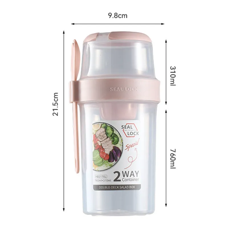760ml   310ml Double Layer Portable Plastic Salad Cup with Spoon HD-20 PINK