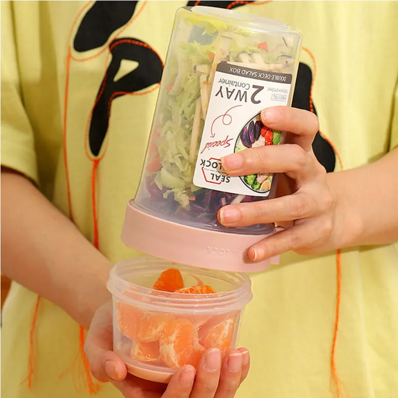 760ml   310ml Double Layer Portable Plastic Salad Cup with Spoon HD-20 PINK
