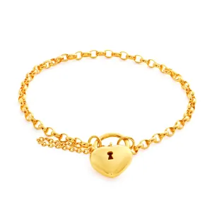 9ct Yellow Gold Oval Belcher Plain Heart Charm Padlock 19cm Bracelet