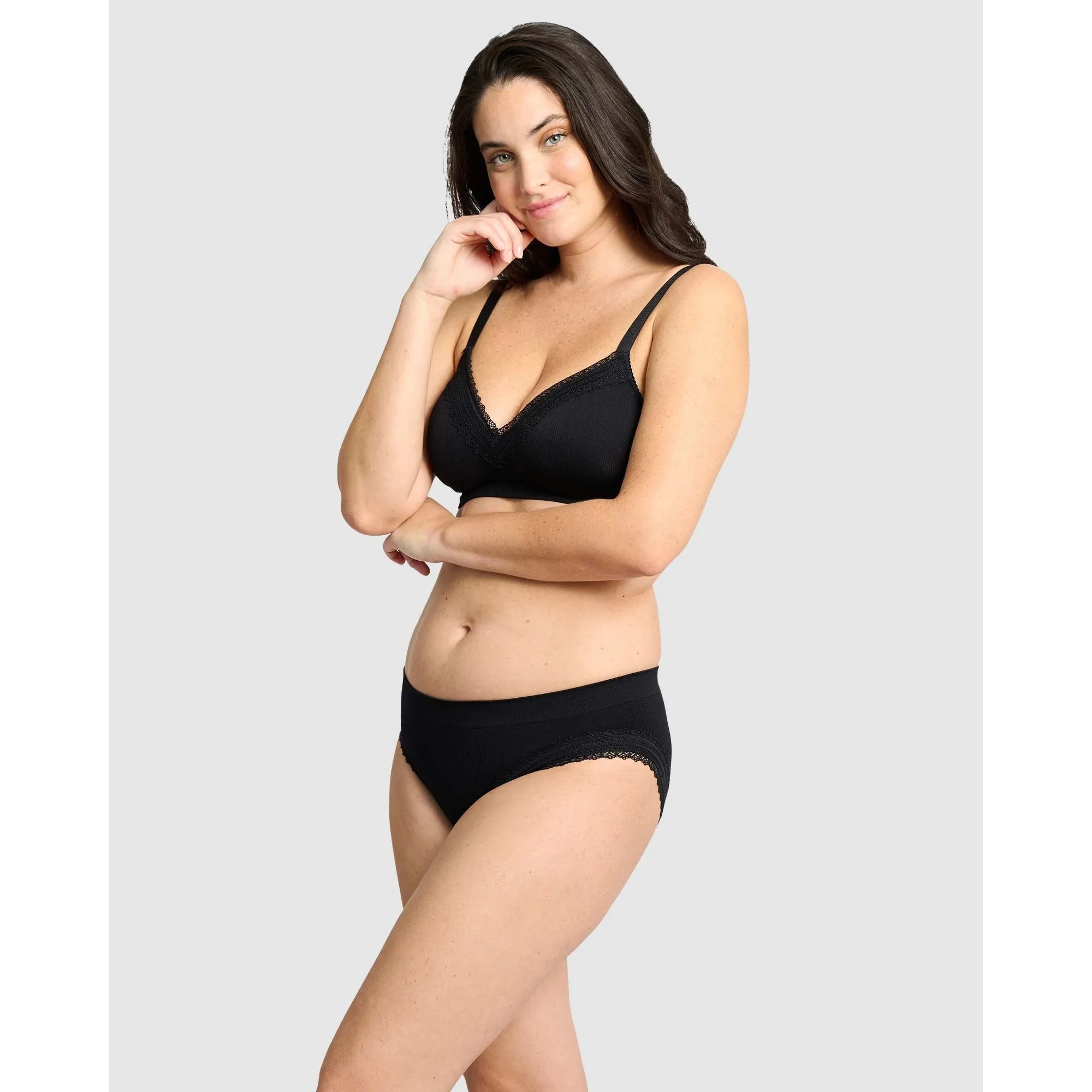Agathe Ribbed Lace Trim Classic Brief-Black