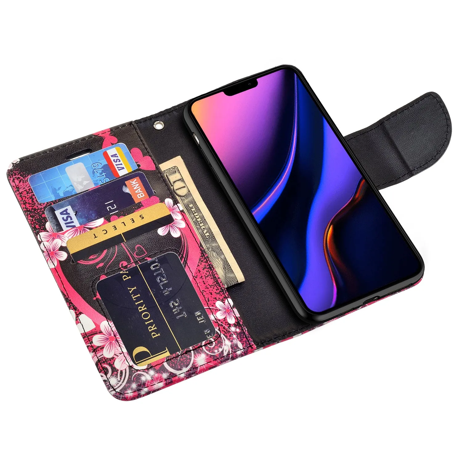Apple iPhone 12 Case, iPhone 12 Wallet Case, Wrist Strap Pu Leather Wallet Case [Kickstand] with ID & Credit Card Slots - Heart Butterflies