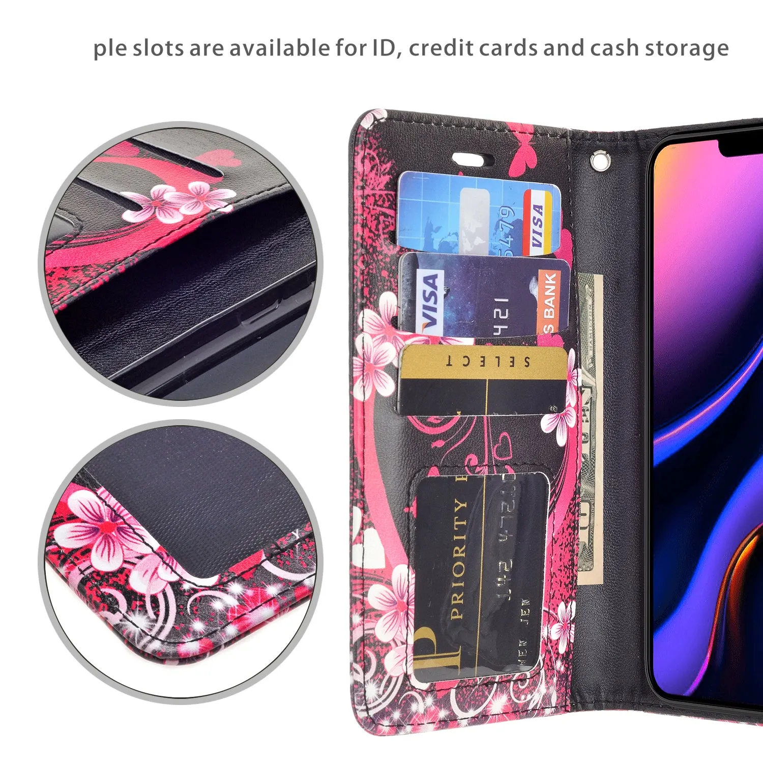 Apple iPhone 12 Case, iPhone 12 Wallet Case, Wrist Strap Pu Leather Wallet Case [Kickstand] with ID & Credit Card Slots - Heart Butterflies