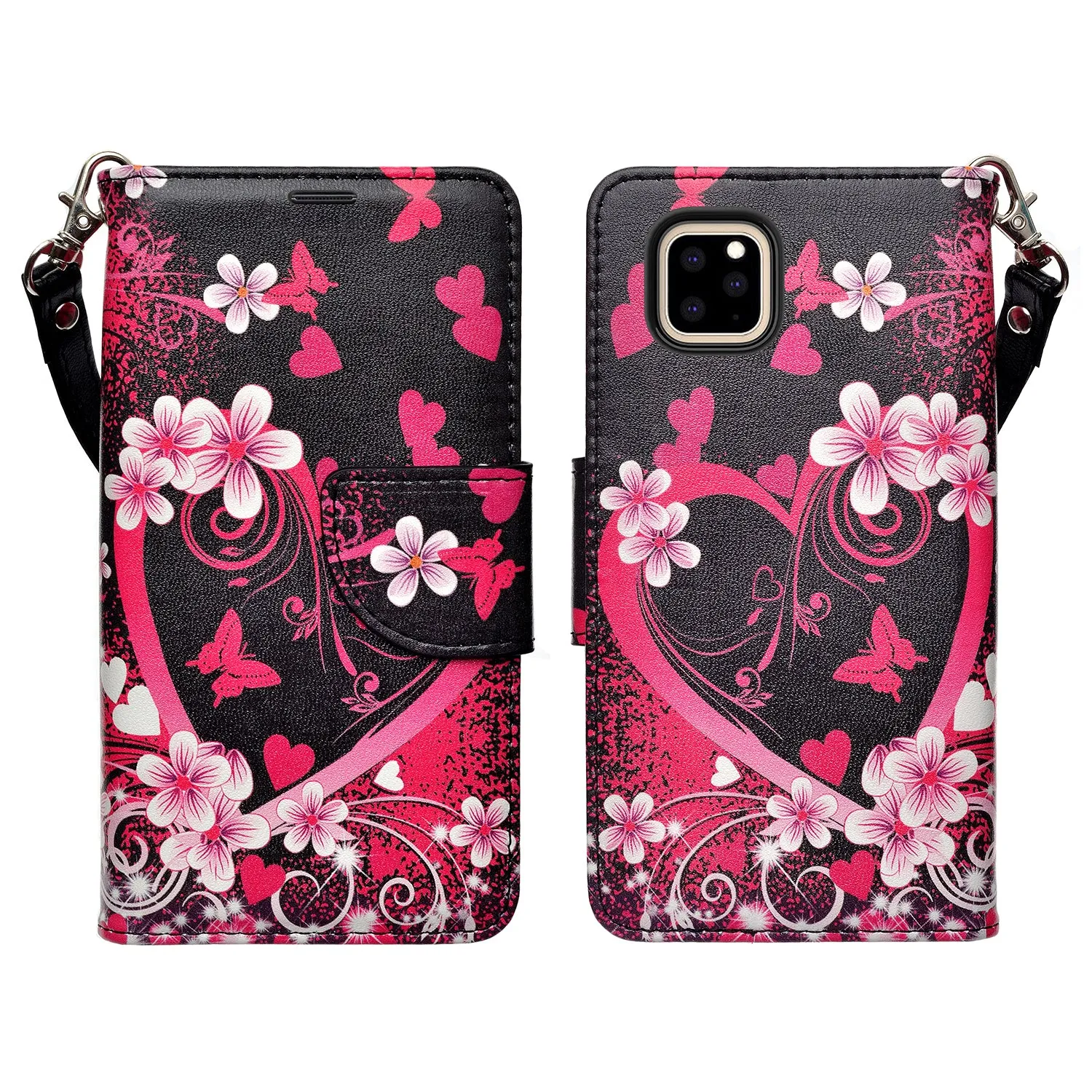 Apple iPhone 12 Case, iPhone 12 Wallet Case, Wrist Strap Pu Leather Wallet Case [Kickstand] with ID & Credit Card Slots - Heart Butterflies