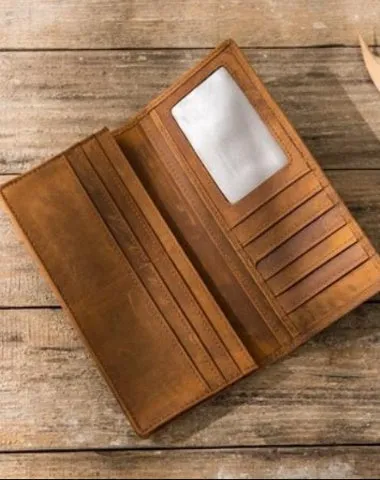 Bifold long wallet Mens long Wallet Dark Brown Leather Wallet Bifold Long Wallets for Men