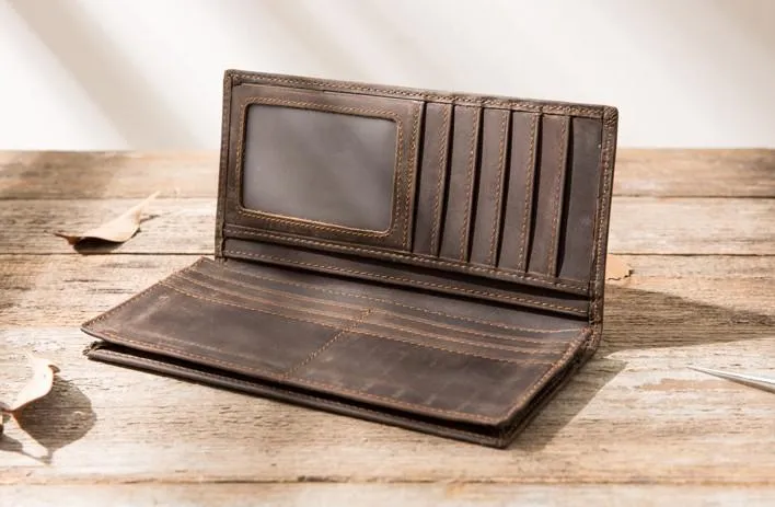 Bifold long wallet Mens long Wallet Dark Brown Leather Wallet Bifold Long Wallets for Men