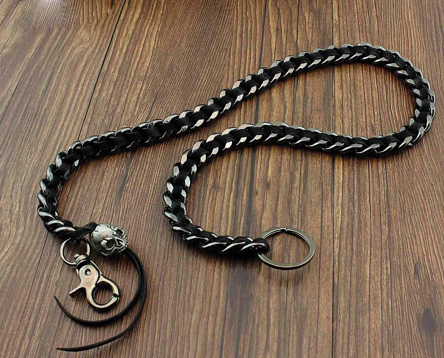 Biker Wallet Chain Skull Wallet Chain Cool Metal Braided Leather Wallet Chain Black Wallet Chain