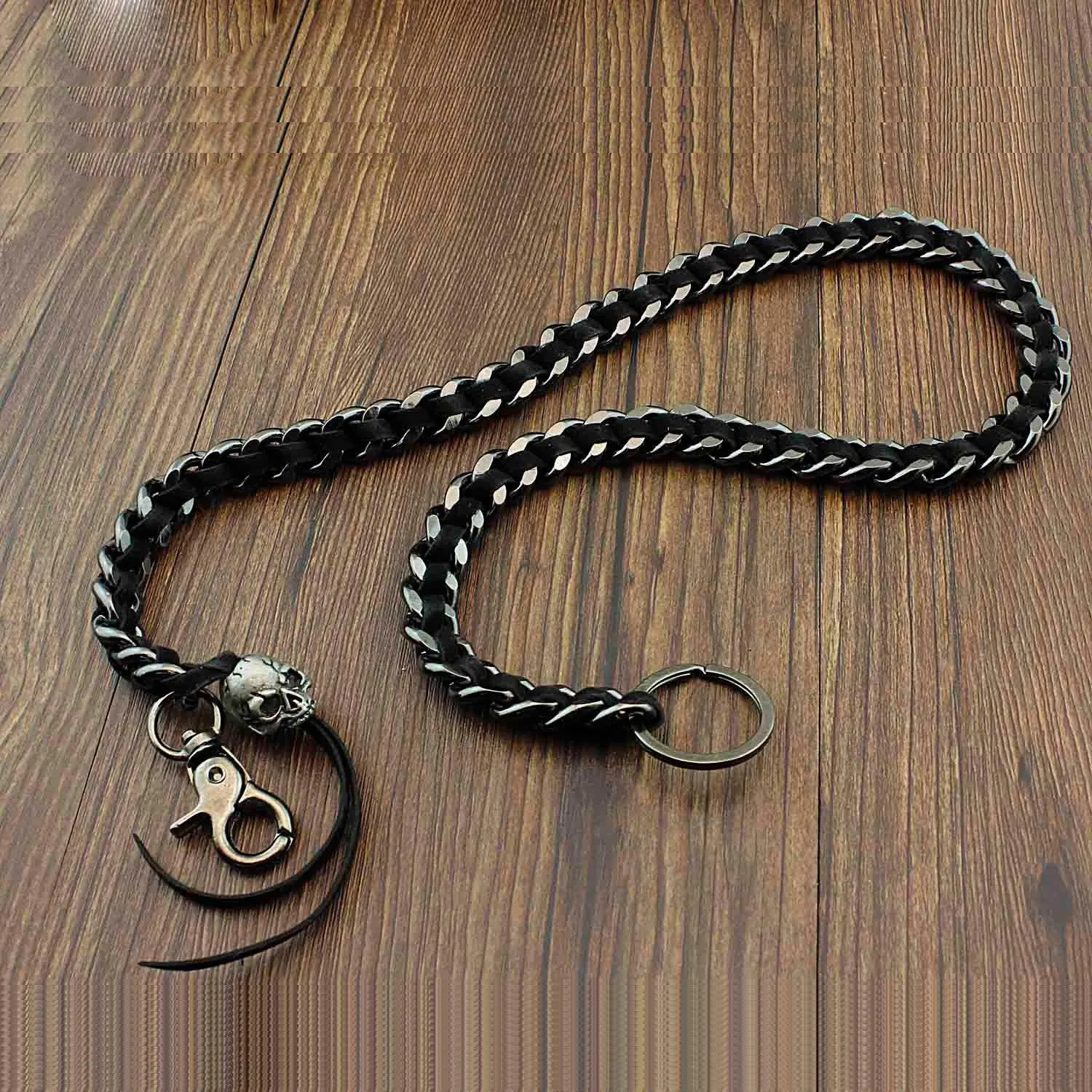 Biker Wallet Chain Skull Wallet Chain Cool Metal Braided Leather Wallet Chain Black Wallet Chain