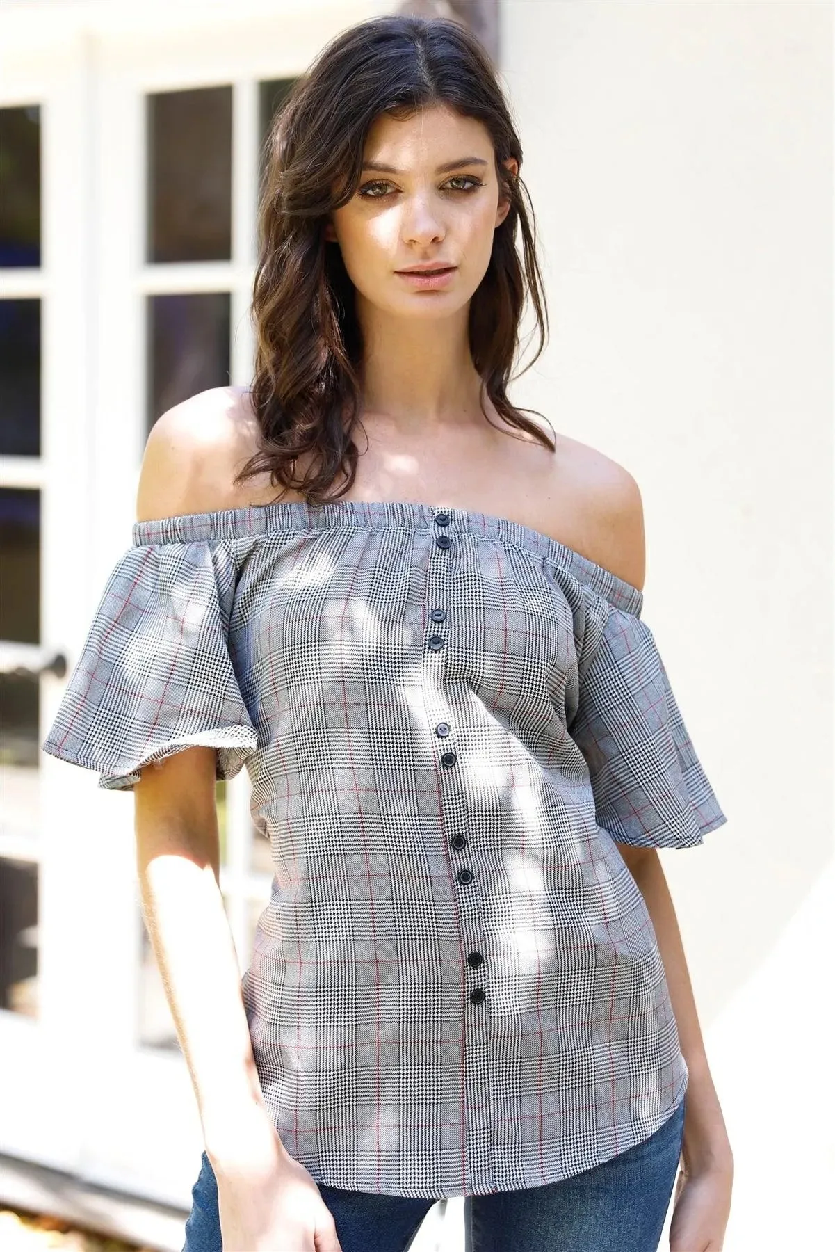 Black Plaid Off-The-Shoulder Flare Sleeve Back Self-Tie Detail Top /1-1-1