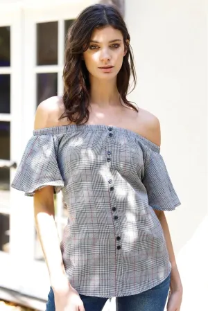 Black Plaid Off-The-Shoulder Flare Sleeve Back Self-Tie Detail Top /1-1-1