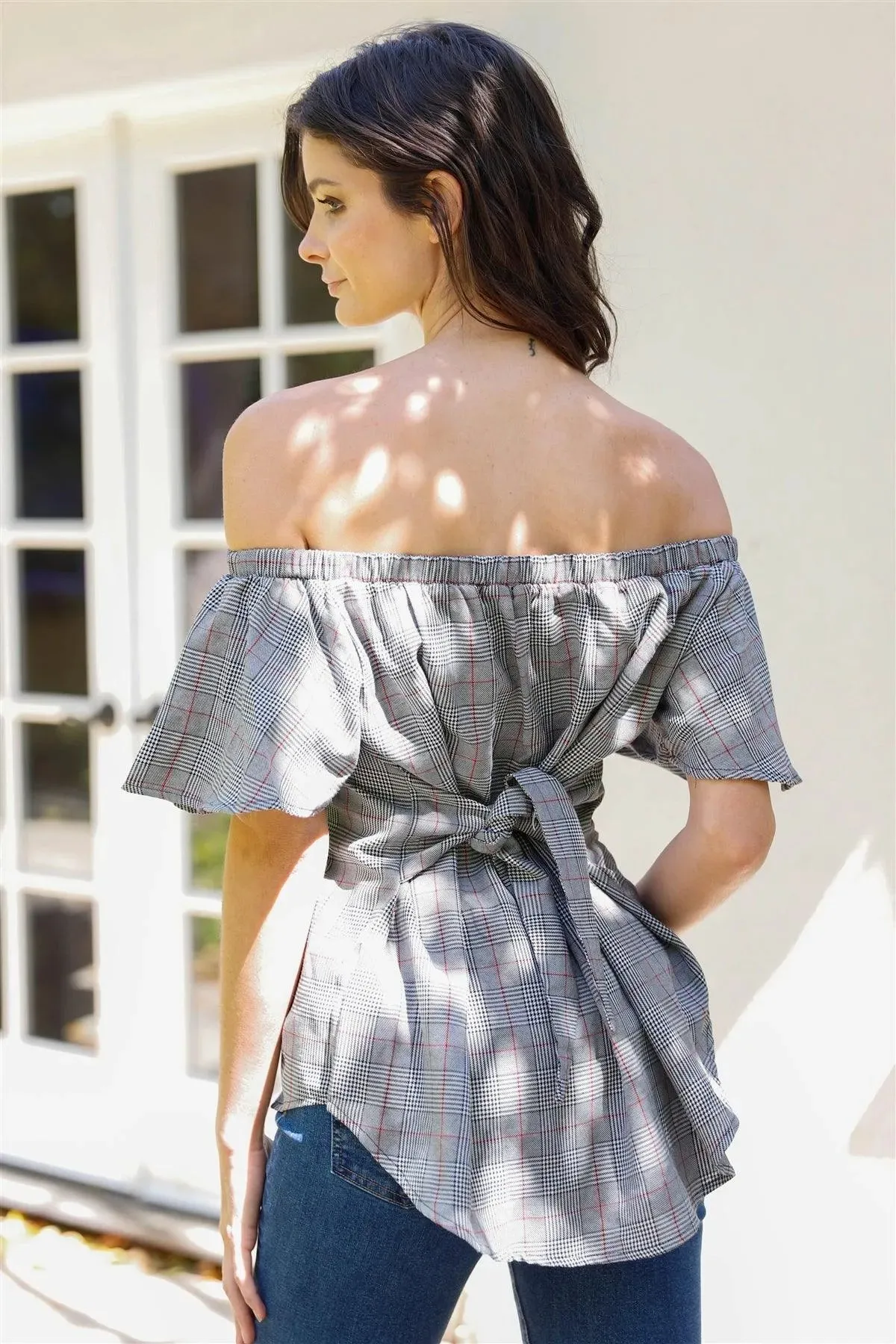 Black Plaid Off-The-Shoulder Flare Sleeve Back Self-Tie Detail Top /1-1-1