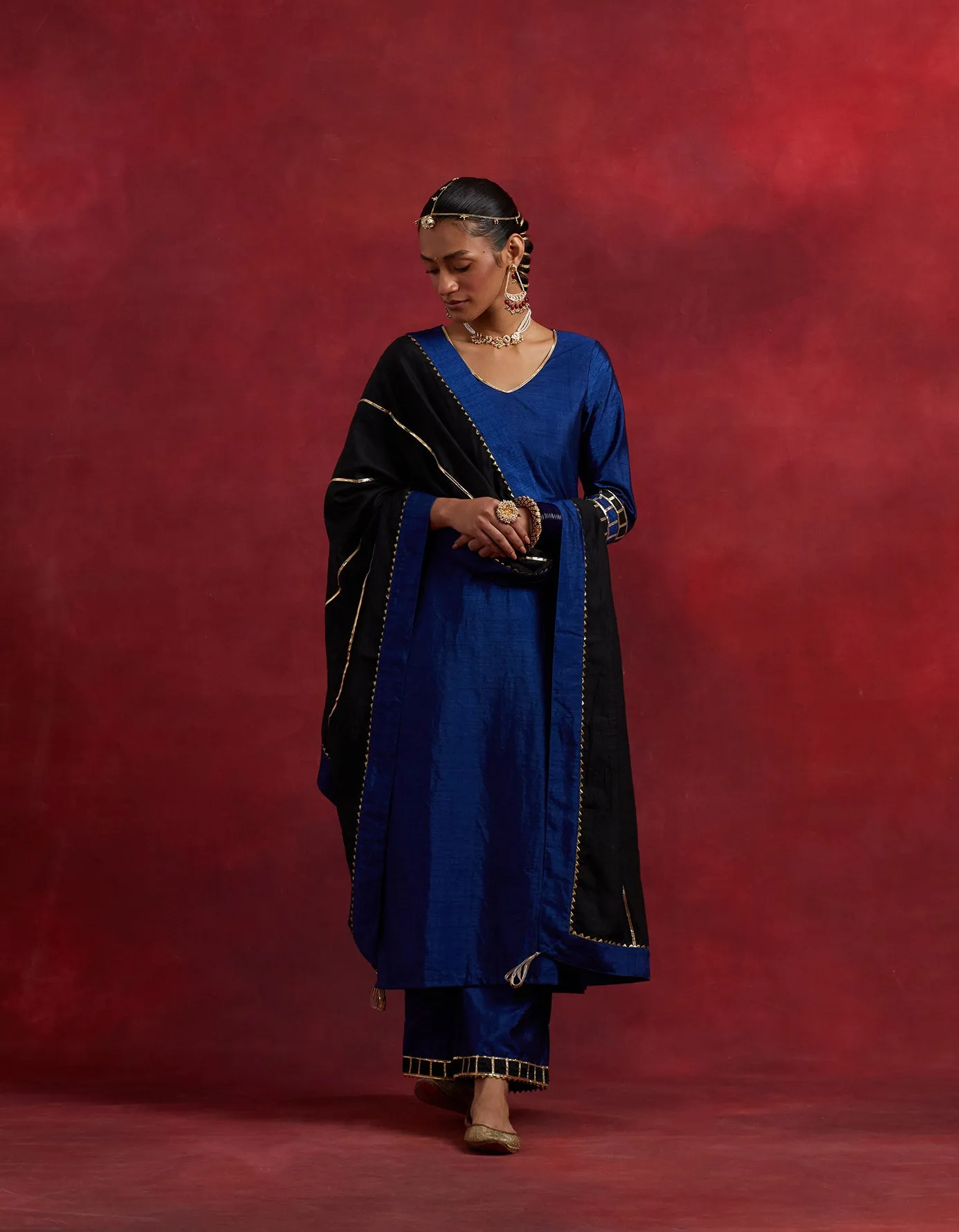 Blue Black Raw Silk Mira Kurta Set (Set Of 2)
