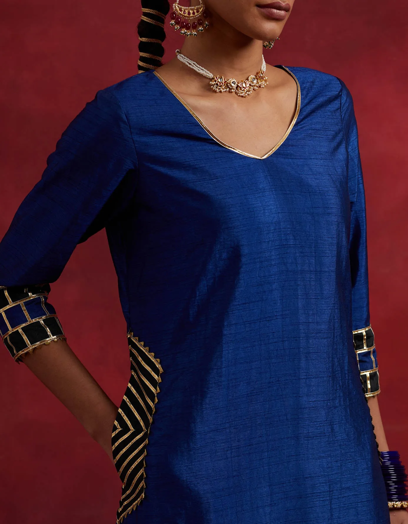 Blue Black Raw Silk Mira Kurta Set (Set Of 2)