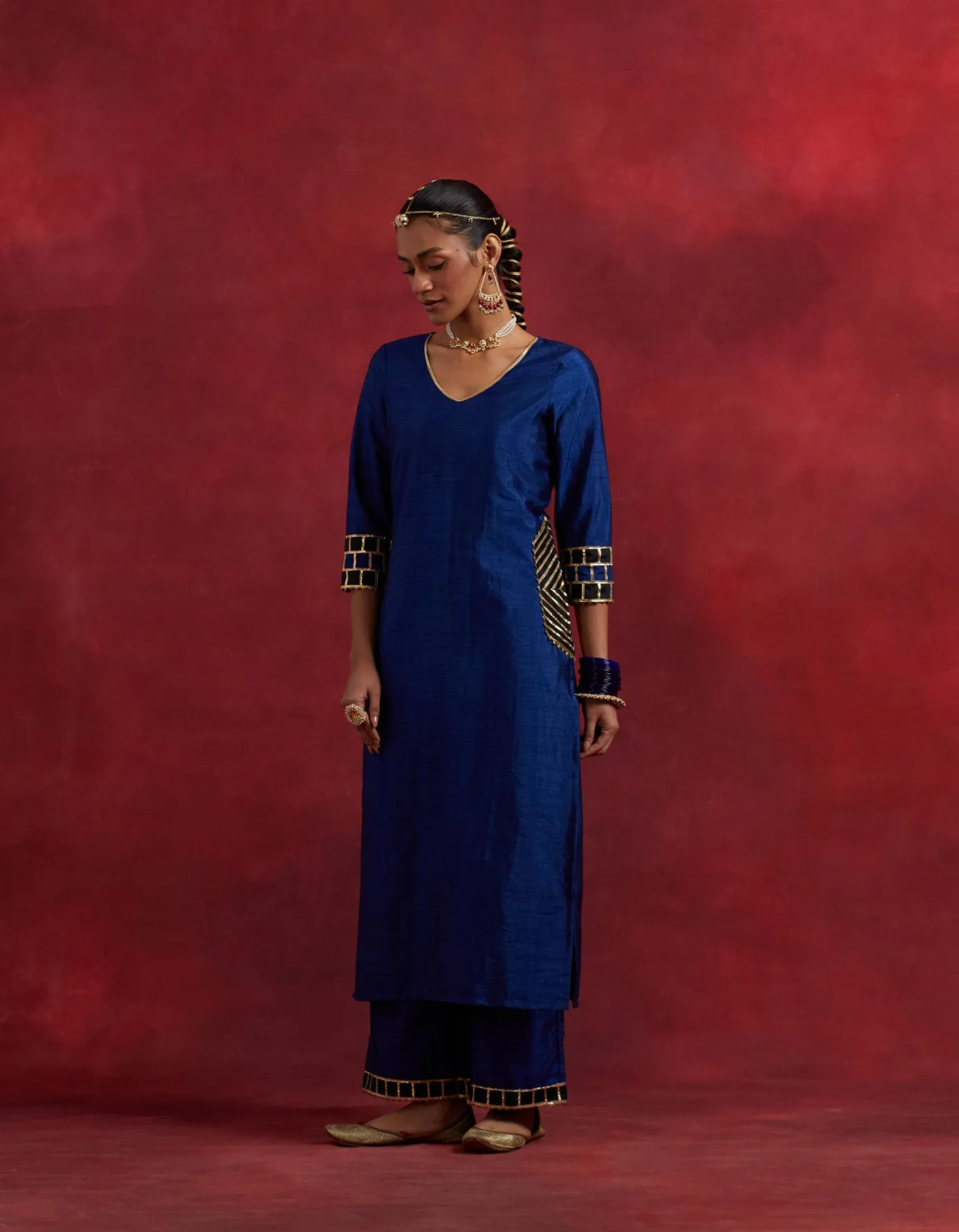 Blue Black Raw Silk Mira Kurta Set (Set Of 2)