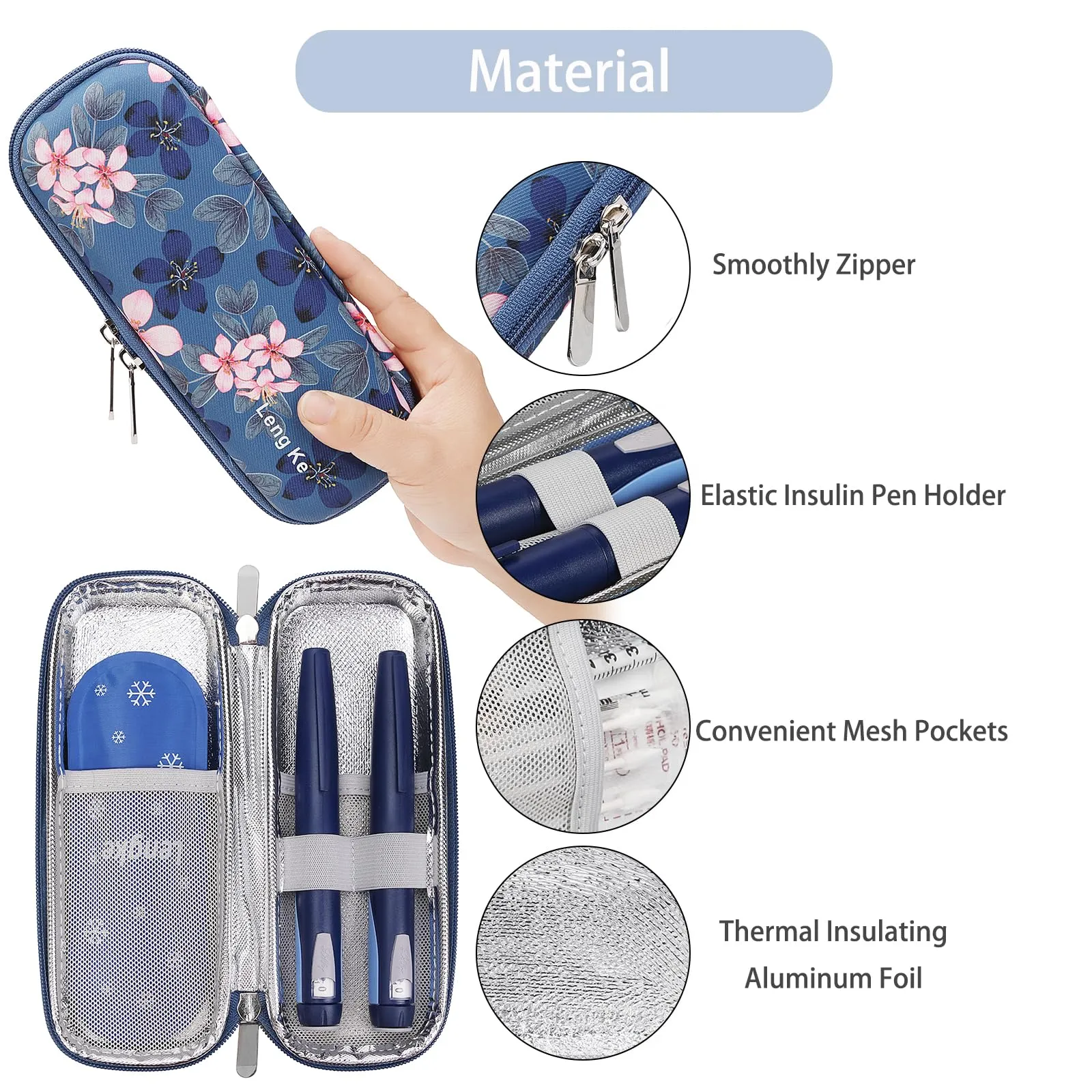 BOMKEE insulin pen bag, insulin cooler bag, medication bag for on the go, diabetes bag for insulin pen, glucose meter with 2 ice packs Magnolia Flower