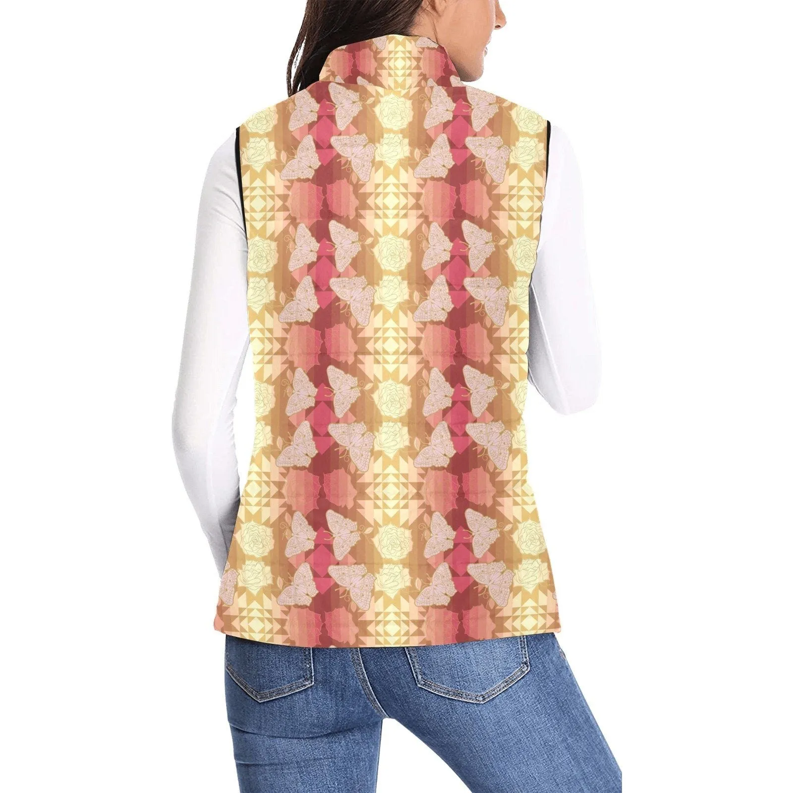 Butterfly and Roses on Geometric Women's Padded Vest Jacket