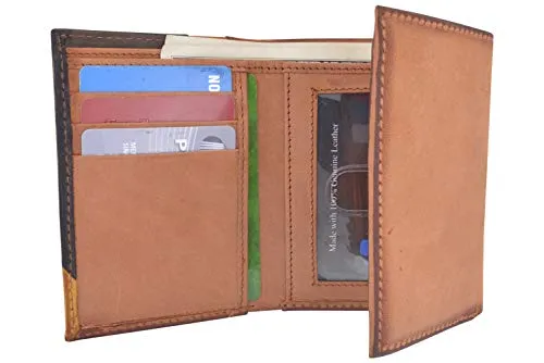 Cazoro Men's Wallet RFID Genuine Leather Slim Trifold with ID Window and Card Slots Light Brown