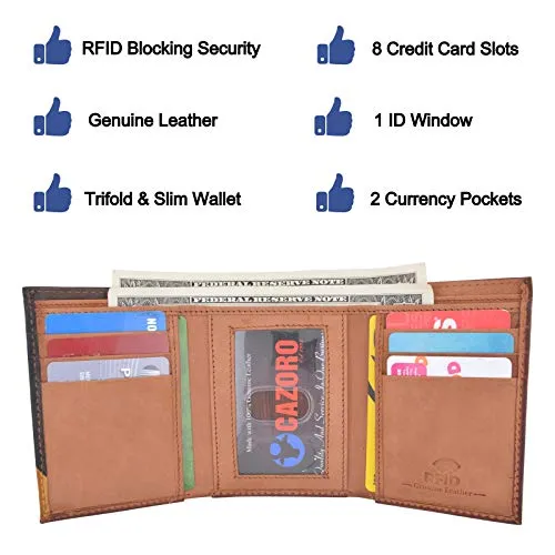Cazoro Men's Wallet RFID Genuine Leather Slim Trifold with ID Window and Card Slots Light Brown