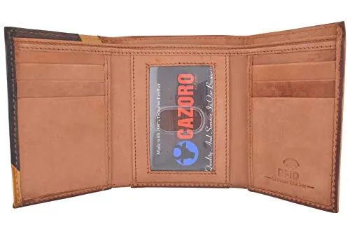 Cazoro Men's Wallet RFID Genuine Leather Slim Trifold with ID Window and Card Slots Light Brown