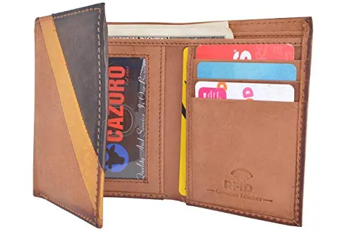 Cazoro Men's Wallet RFID Genuine Leather Slim Trifold with ID Window and Card Slots Light Brown