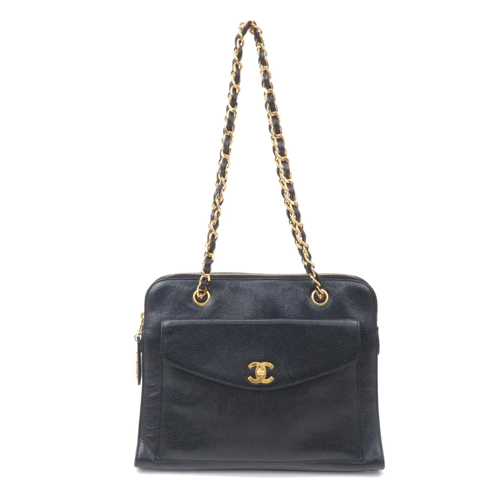 CHANEL Caviar Skin Chain Shoulder Bag Black Gold